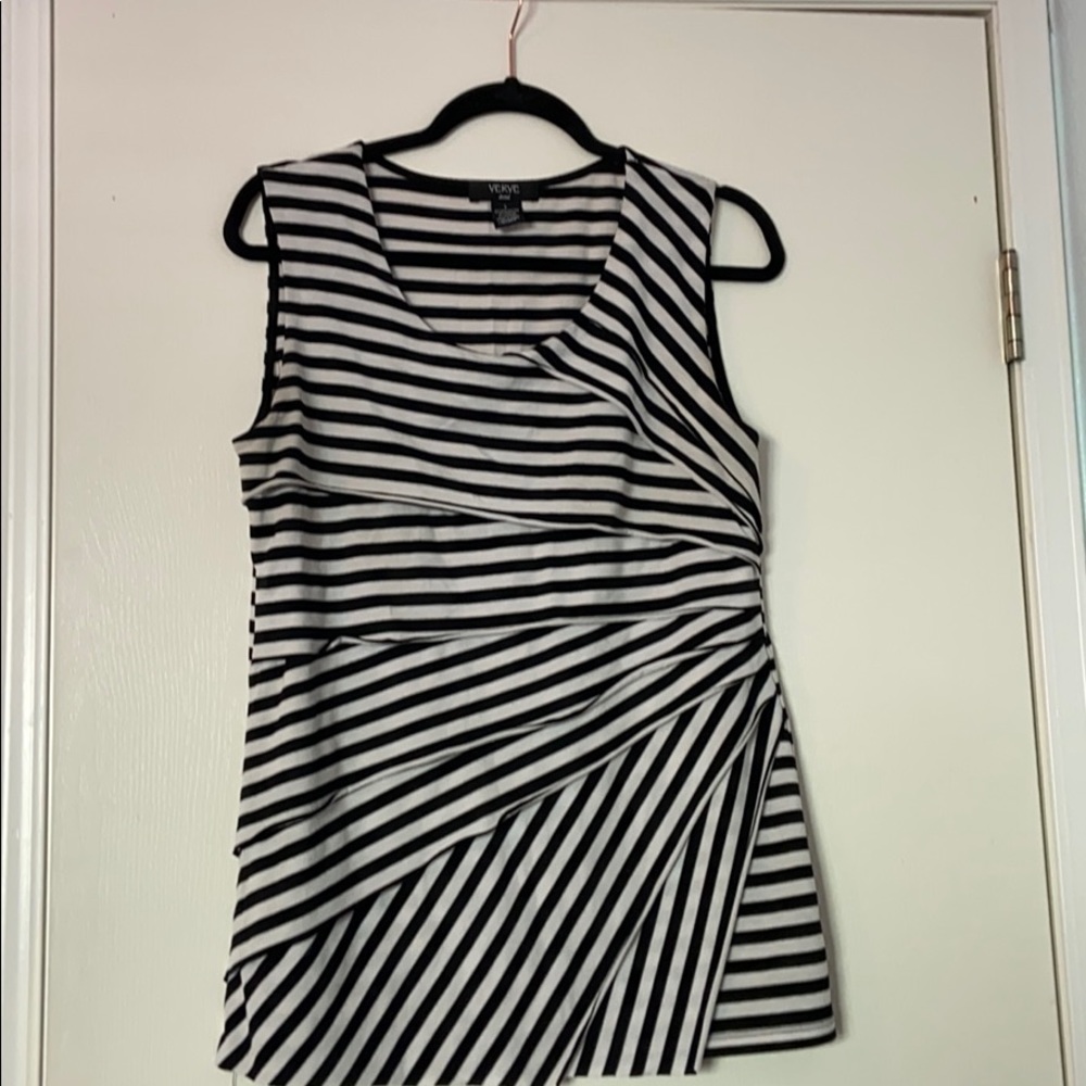 Verve Ami Black and White Stripe Tank w/Ruching
